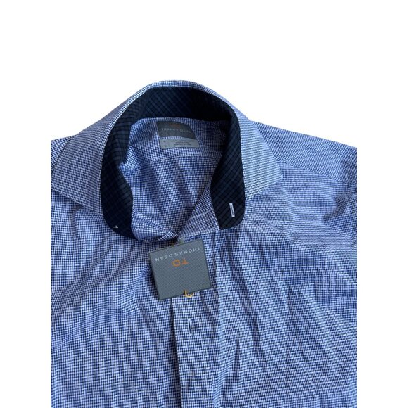 NWT Thomas Dean Mens Long Sleeve Button-Up Shirt Large Blue Checkered Pima Cotto - Picture 7 of 10